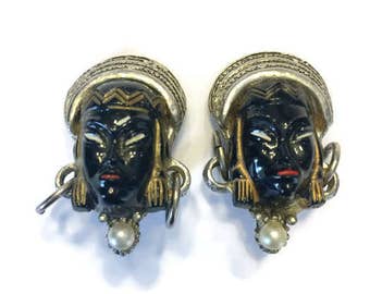 Vintage Selro Asian Princess Earrings, Unsigned Selro Selini Enamel Clip Earrings, Costume Jewelry