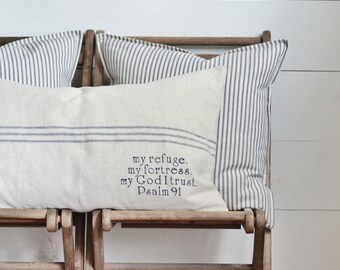 Psalm 91 Grain Sack Pillow Cover, Available in Blue, Brown, and Red