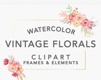 VINTAGE FLORAL WATERCOLOR Graphics, commercial use, muted florals, wedding invitation art, wreaths, gold blush, frames, flower illustrations