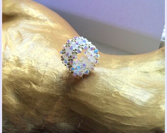 Lace Ring, Handmade bead weaving ring, White AB