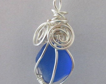 Blue Sea Glass Jewelry Wire Wrapped Pendant Beach Glass Necklace Gift for Women Wedding Bridesmaid