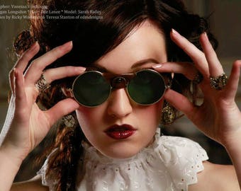 Steampunk Goggles Vintage WILLSON Glasses GREEN Tint LEATHER Side Shields Loupes Aviator Biker Harley Burning Man - Steam Punk by edmdesigns