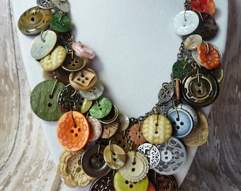 Bountiful Buttons - Vintage Button Necklace,Statement,AWARD WINNING,Green/Coral/Pearl/Ivory Buttons on Brass Chain,Repurposed