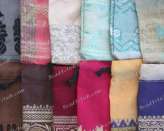 Recycled Sari Drawstring Gift Bags, 12 Gift Pouches 3 x 2" Fabric Gift Bags, Multi Colored India Gift Bags, Handcrafted Bags MS-033-41