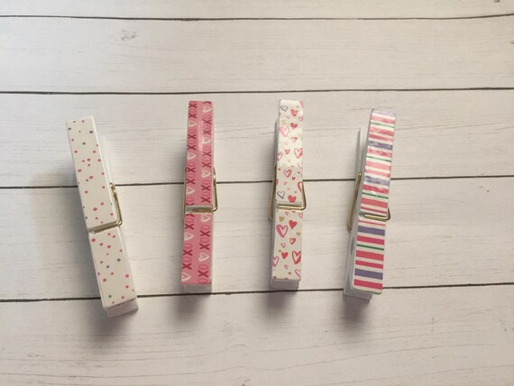 Pink & White Decorative Wood Clips. Set of 4. Love Clips. Patterned Clips