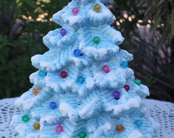 8 1/2" Ceramic Christmas Tree Lighted, Blue Christmas Tree with Bear and Multi Color Lights, Just Like Grandma/Mom's
