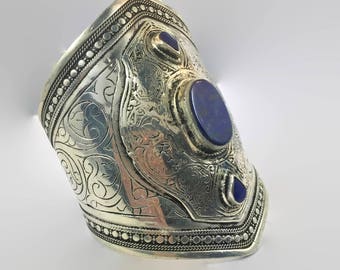 Lapis Bracelet, Kuchi Jewelry, Silver, Vintage Cuff, Turkmen, Mixed Metal, Blue Stone, Big Statement, Afghan, Ethnic Tribal, Large Boho, #2