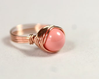 Rose Gold Pink Coral Ring Wire Wrapped Jewelry Handmade Rose Gold Ring Rose Gold Jewelry Pink Ring Pink Gold Ring Swarovski Pearl Ring