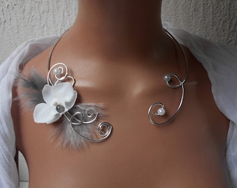 Necklace for bride or witness - white and silver with Orchid