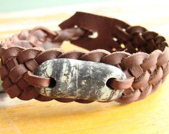 Celtic Weave of Life Spanish Leather Wristband with Serpentine Touch Stone