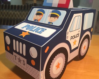 Police car favor box pdf printable cupcake treat box - navy blue van or truck paper toy or centerpiece decoration for police birthday party