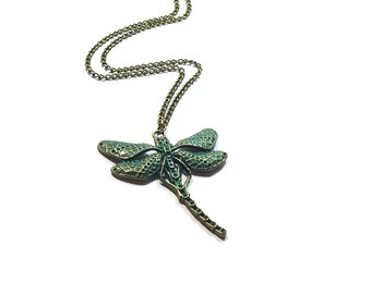 Dragonfly Pendant , Dragonfly Necklace , Verdigris Patina Dragonfly Pendant , Bronze Dragonfly Necklace