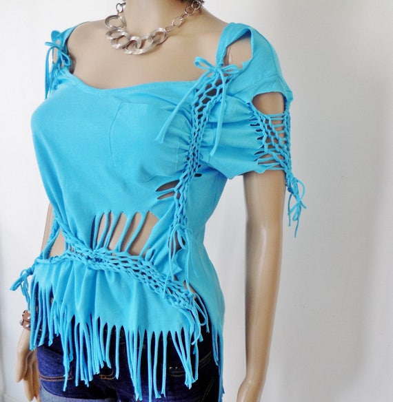 Original Top woman! WOVEN! COTTON jersey, blue size 38 / 40 61cm long belicious delicious creation