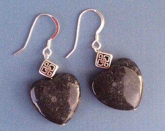 Black limestone Kilkenny marble Celtic heart earrings sterling wires Irish Jewellery