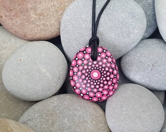 Pink Mandala Stone Necklace - Painted Rock - Hand-Painted Mandala Pendant - Paint Rock - Mandala Pendant - Chakra - Meditation - Unique