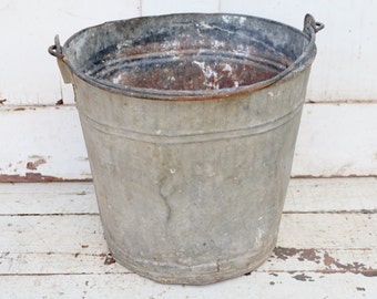 Vintage Galvanized Metal Bucket Leaky Holes Dents Pail Rustic Primitive Farm Ranch Garden Planter Repurpose Upcycle