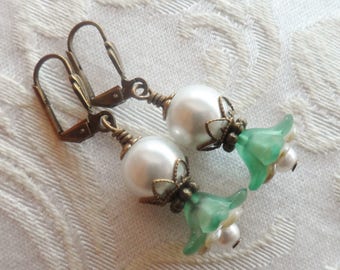 75% Off Clearance Sale, Double Blossom Flower Earrings made with Vintage Bead ,Green, White, Pearl, Antique Brass