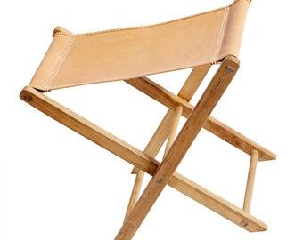 Leather and Teak Folding Stool