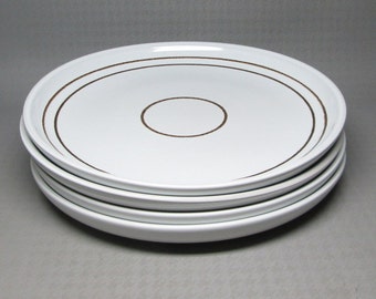 Denby " vanilla " dinner plates , this listing is for a set of FOUR - these were made 1977 - 1981 . white with brown bands / rings