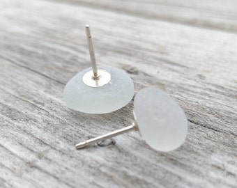 White Sea Glass Studs// SeaGlass Earrings// Sterling Silver