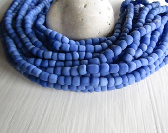 blue glass seed bead, matte opaque barrel tube, small ethnic spacer, indonesian 3 to 6mm, new indo-pacific (22 inches)7ab29-16