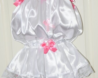 Skirted satin pantydress, silky and frilly, soft sensual virgin white satin with pink frills, Sissy Lingerie