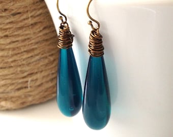 Teal Teardrop Earrings, Vintage Bead, Blue Green Earrings, Under 20, Antique Brass, Wire Wrapped, Drop Earrings, Dangle Earrings