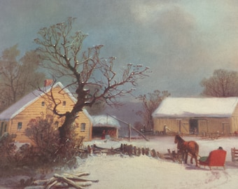 Wintertime on the Farm ~ Currier & Ives Calendar Print ~ Snowy Country Farm Scene with Red Horse Drawn Sleigh ~ George Henry Durrie