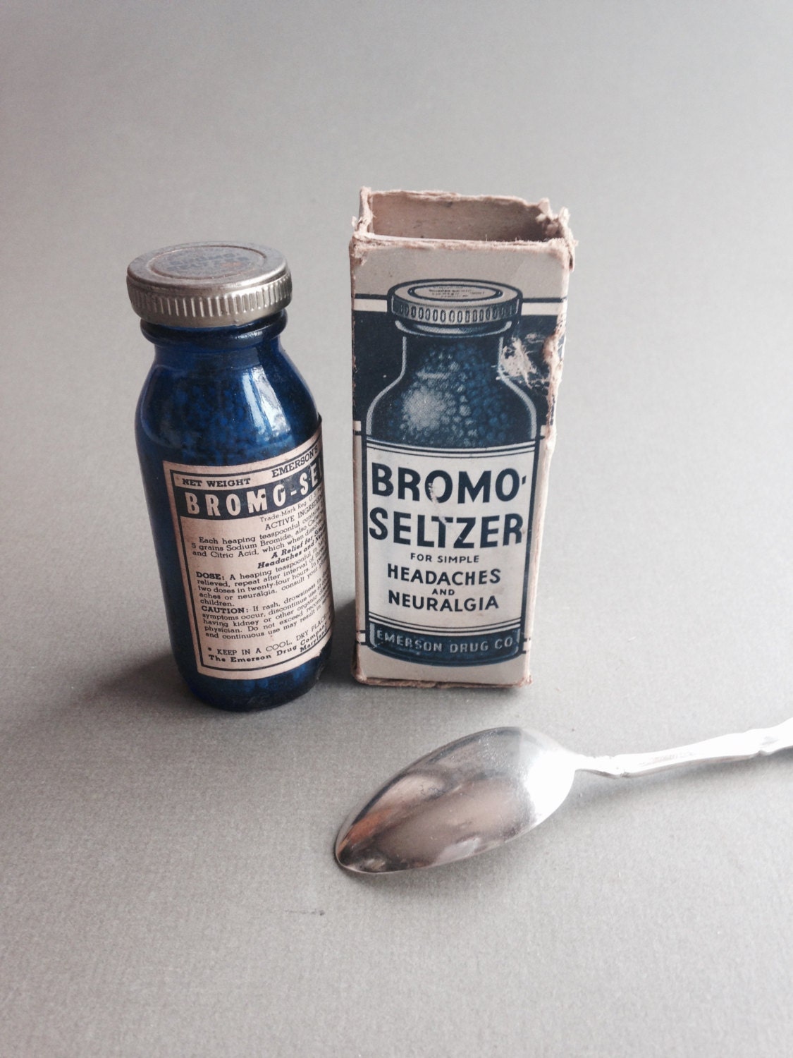 Bromo Seltzer cobalt blue glass bottle in original box