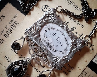 The Weeping Menagerie series. "At Rest" - Memorial death funeral card mourning soldered pendant necklace.
