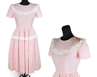 ON SALE 1940s Dress // Pink White Striped Eyelet Lace Ruffle Puff Sleeve Cotton Dress