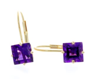 Square 14K Yellow Gold Amethyst Leverback Earring