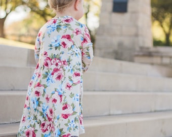 Mauve and blue floral dress READY TO SHIP for baby and toddler girls, high low hem, twirl dress
