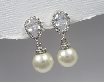 Ivory Pearl Wedding Earrings, Swarovski 10mm Ivory Pearl Bridal Earrings, Wedding Earrings, Pearl Earrings, Ivory Pearl Wedding Earrings