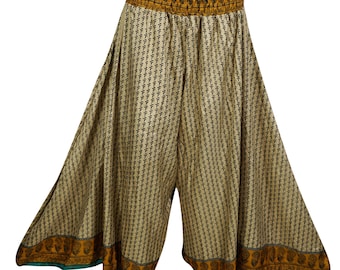 Fly High Palazzo Split Leg Pants Vintage Recycled Silk Sari Smocked Waist Divided Long Skirt S/M