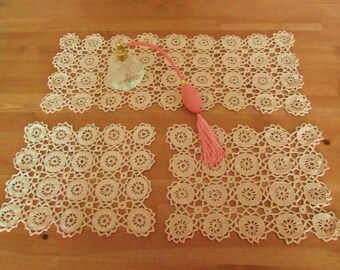 Three piece Hand Crocheted Vanity/Buffet Set in Ecru