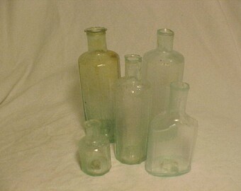 c1830-1850s Group of 5 Cork Top Blown Aqua Glass Open Pontil Medicine Bottles, Rare Find Open Pontil Utility Bottles, Good Civil War Props