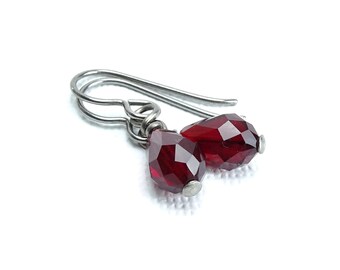 Garnet Teardrop Titanium Earrings, Swarovski Crystal Teardrop Hypoallergenic Niobium Earrings or Titanium Earrings for Sensitive Ears