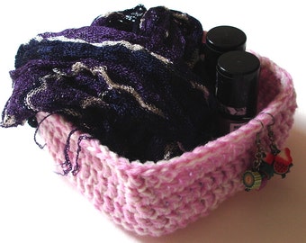 Square Trinket Bowl in Pink Cream Marl, Crochet Basket, Fabric Dish, Dressing Table Tidy, 30th Birthday Gift for Sister, Stocking Filler