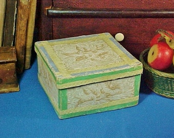 Antique c 1860 Small Square Wallpaper Band Box, Flowers, Green and Yellow