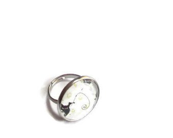 Ring cabochon cat silhouette adjustable silver/thank you/gift/birthday/party