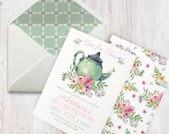Watercolor Tea Party Birthday Invitation, Tea for Two Birthday Party Invite, Envelope Liner