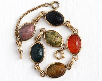 Vintage Scarab Bracelet - 12k Rosy Yellow Gold Filled Carved Beetle Bug Genuine Gems - Retro 1950s Egyptian Revival Hieroglyph Panel Jewelry