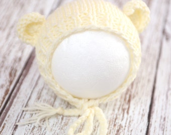 Off white ivory cream teddy bear newborn hat hand knit gender neutral photography prop - made to order