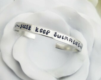 SALE! Custom Cuff Bracelet Just Keep Swimming Swimmer Gift Bracelet Hand Stamped Jewelry Custom Bangle Bracelet Inspirational Cuff Swim Team
