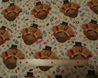 Beige with Multicolored Thanksgiving Turkey Cotton Fabric By the Half Yard