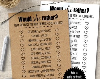 Would She Rather, Bridal Shower game, printable shower games, Country and Rustic games G101