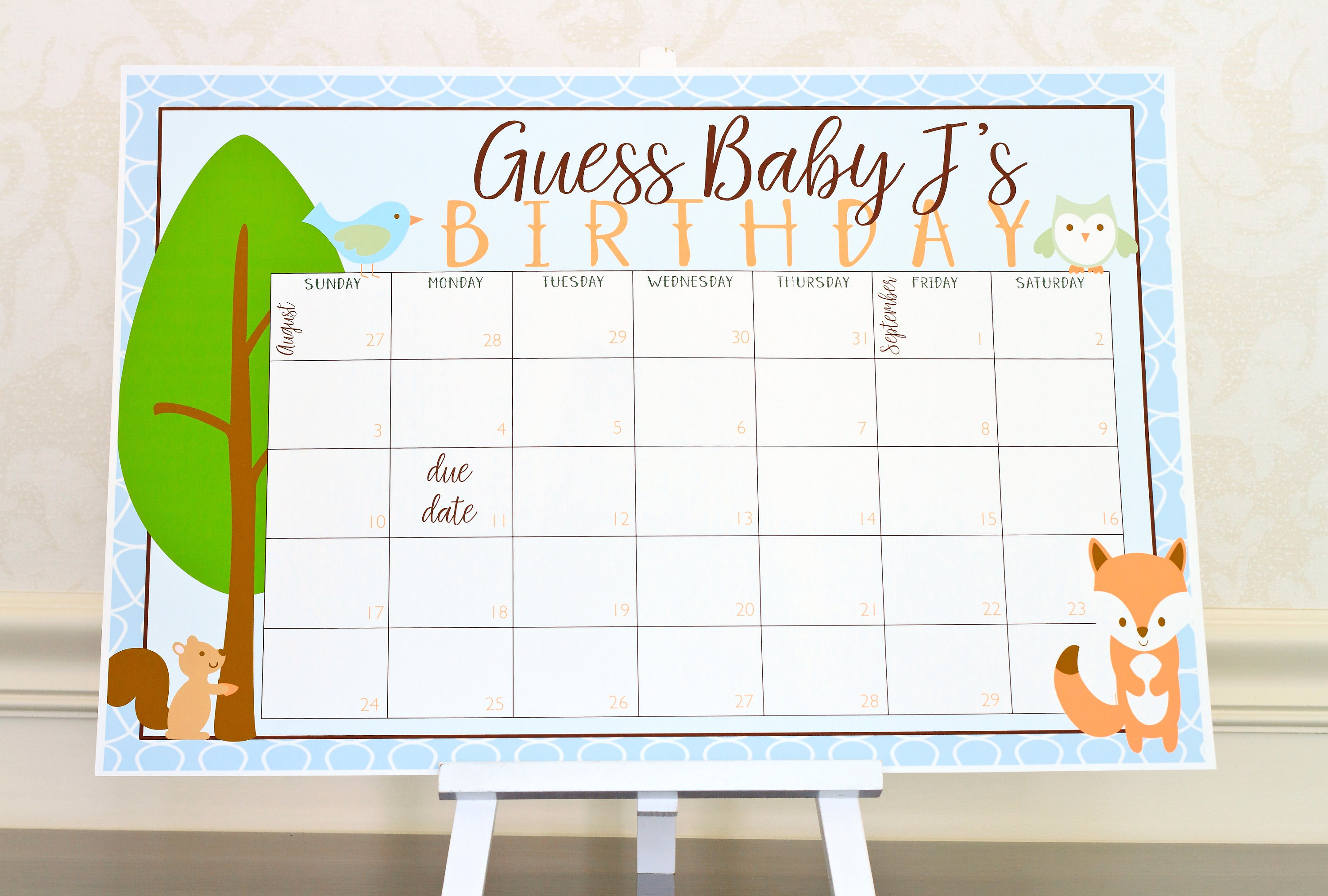 Woodland Theme Baby Shower Calendar Game. Woodland Baby Shower