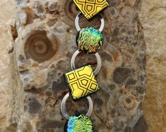 Classic Dichroic Bracelet, Silver Link Bracelet, Fused Glass Bracelet, Dichroic Link Bracelet, Geometric Art Deco - Golden Raindrops
