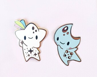 Star Baby & Moon Baby Space Friends Hard Enamel Lapel Pins - As a BFF Set or separate - Unique Cute Kawaii Gift